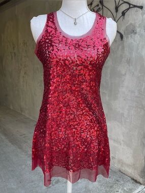 y2k Red Sequin Floral Sheer Dress
